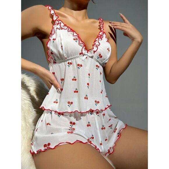 Cherry Print Lettuce Trim Cami Top and Shorts Pajama Set - Picture 1 of 8